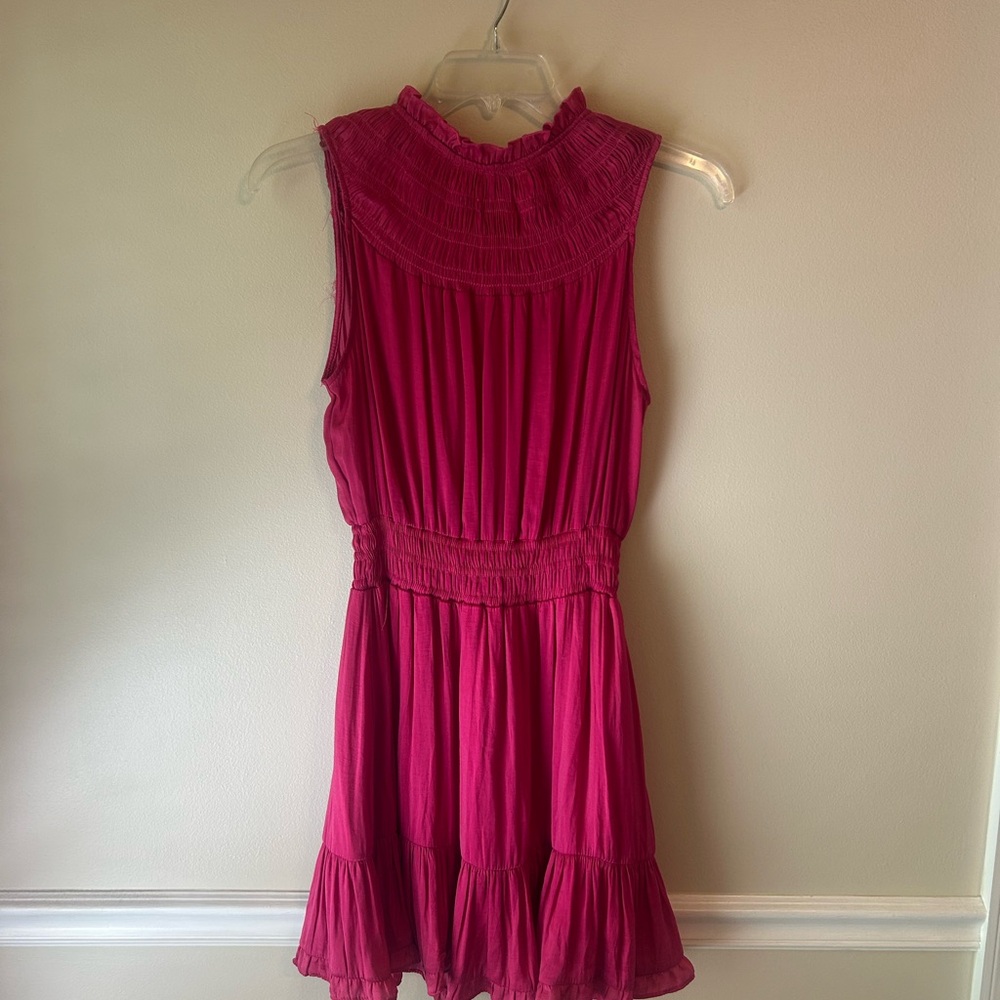 glam Fuchsia Smocked High-Neck Mini Dress